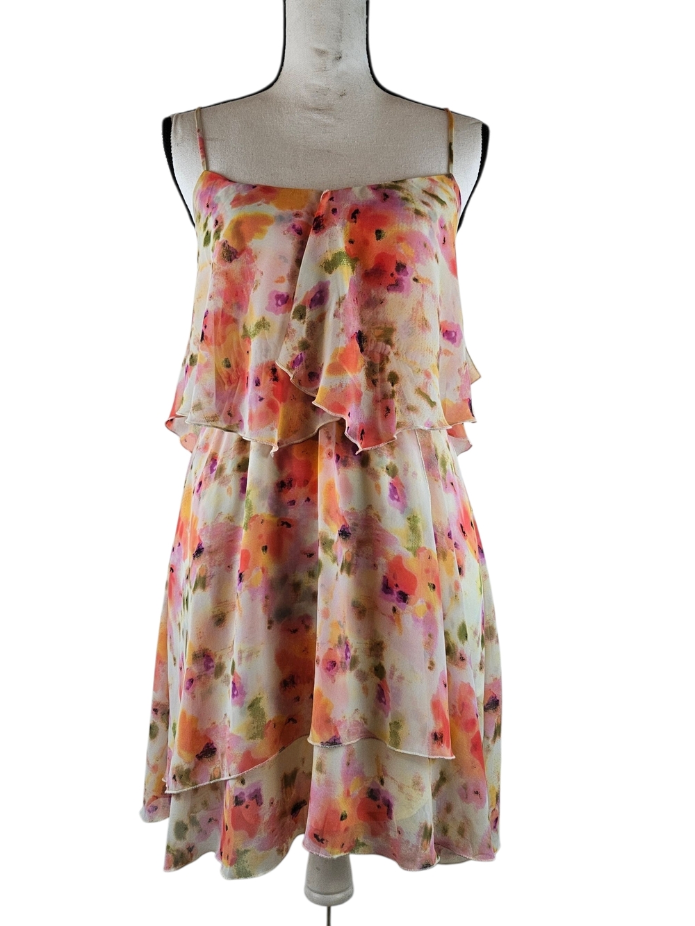 Guess Floral Tiered Mini Dress in White with Pink and Orange Accents Size Small